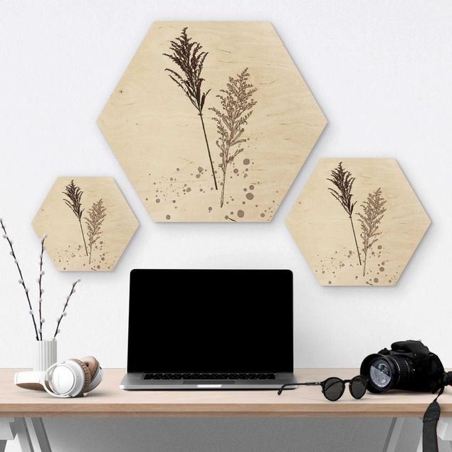Hexagon Bild Holz - Botanisches Aquarell - Schwingelschilf