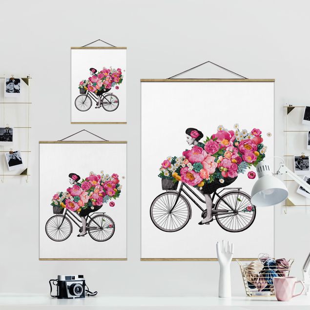 Cuadros Laura Graves Arte Illustration Woman On Bicycle Collage Colourful Flowers