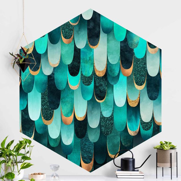 Papel pared geométrico Feathers Gold Turquoise