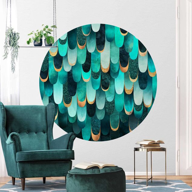 Papel pared geométrico Feathers Gold Turquoise