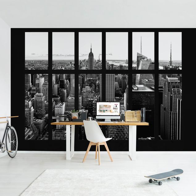 Papel de pared New York Window Manhattan Skyline Black And White