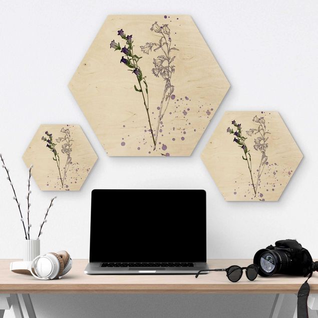 Hexagon Bild Holz - Botanisches Aquarell - Glockenblume