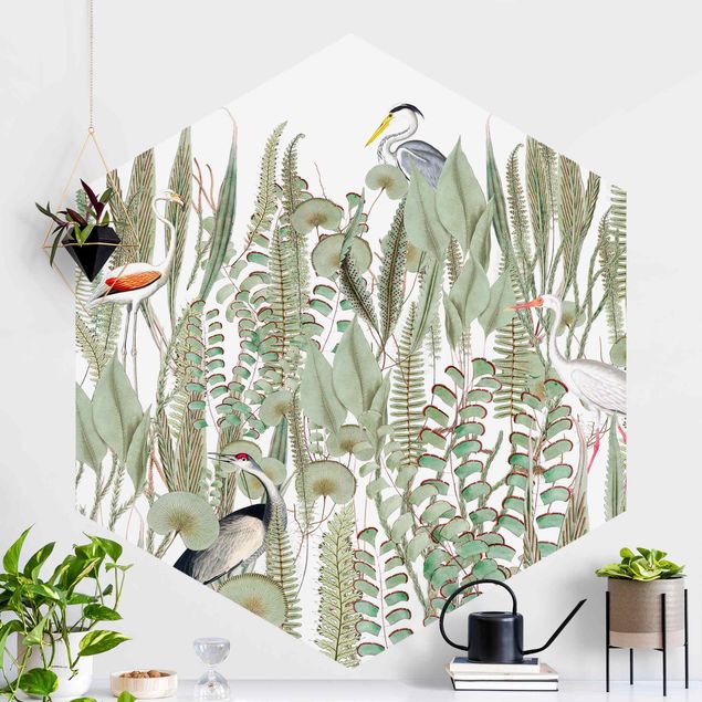 Papel pared flamencos Flamingo And Stork With Plants
