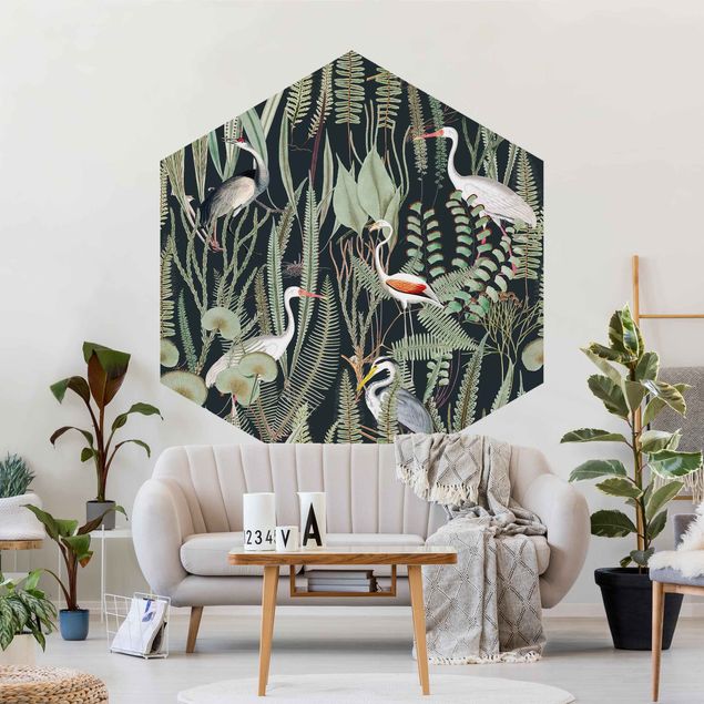 Papel pintado aves Flamingos And Storks With Plants On Green