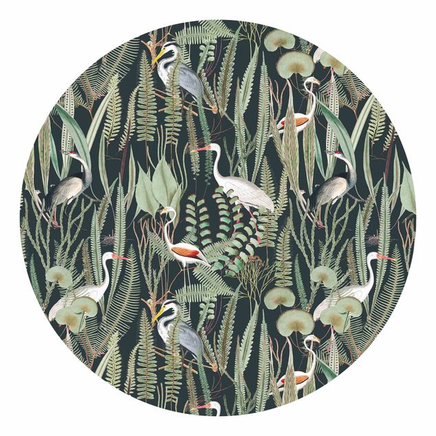 Papel pintado floral Flamingos And Storks With Plants On Green