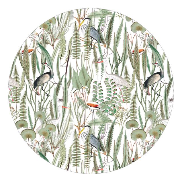 Papel pared flores Flamingos And Storks With Plants