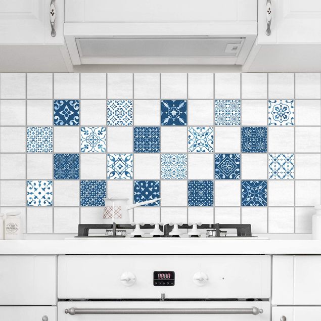 Vinilo azulejos cocina Multicolour Pattern Blue White
