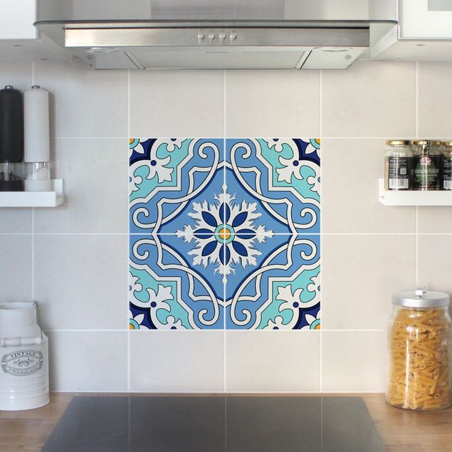 Adhesivos para azulejos en multicolor Spanish tile pattern of 4 tiles turquoise