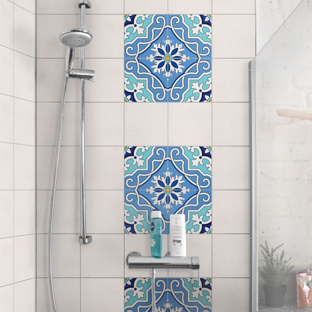 Adhesivos para azulejos Spanish tile pattern of 4 tiles turquoise