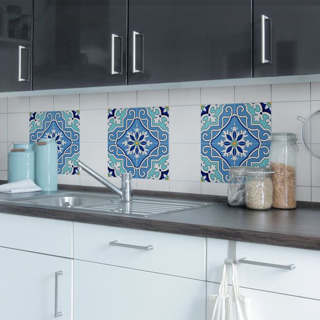 vinilo para azulejos cocina Spanish tile pattern of 4 tiles turquoise