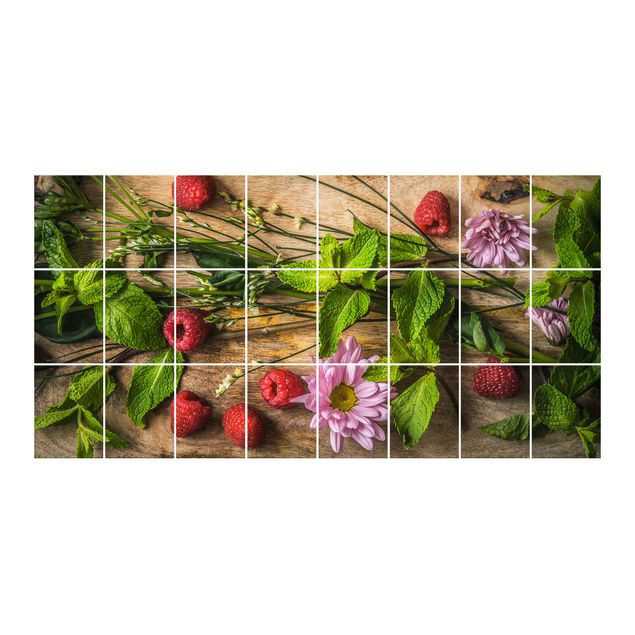 Vinilo azulejos cocina Flowers Raspberries Mint