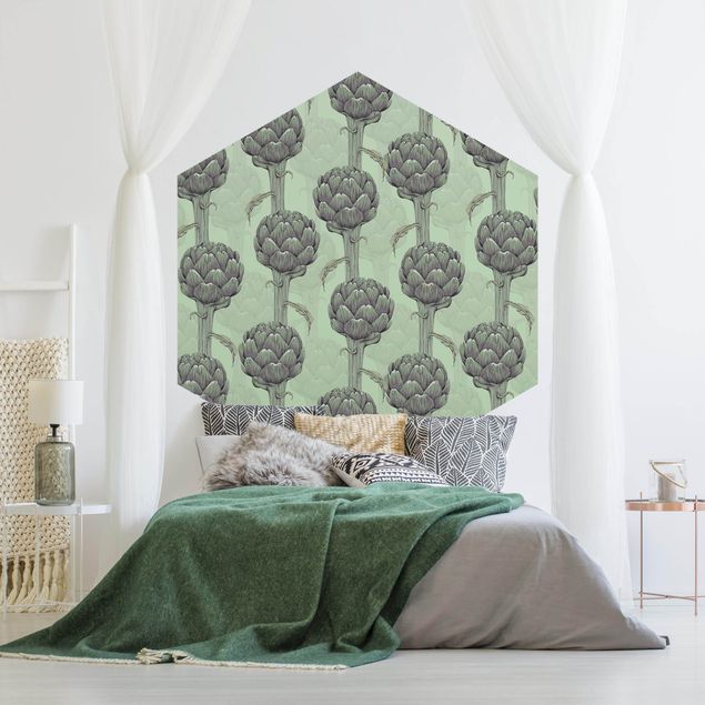 Papel pintado hexagonal Floral Elegance Artichoke With Gradient Green XXl