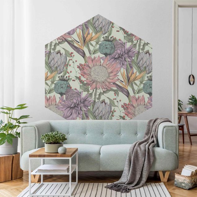 Papel pintado rústico Floral Elegance In Pastel On Mint Backdrop XXL