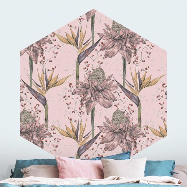 Papel pintado con patrones Floral Elegance Vintage Strelitzia On Pink Backdrop XXL
