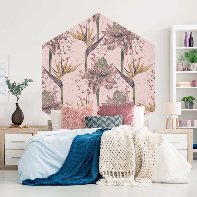 Papel pintado moderno Floral Elegance Vintage Strelitzia On Pink Backdrop XXL