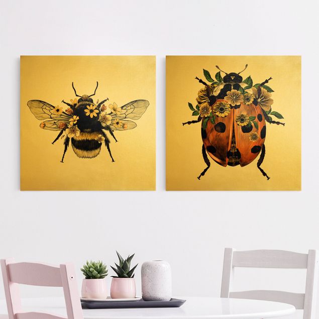 Lienzos flores Floral Illustration - Bumblebee And Ladybug