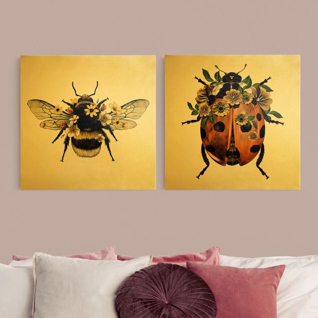 Cuadros amarillos Floral Illustration - Bumblebee And Ladybug