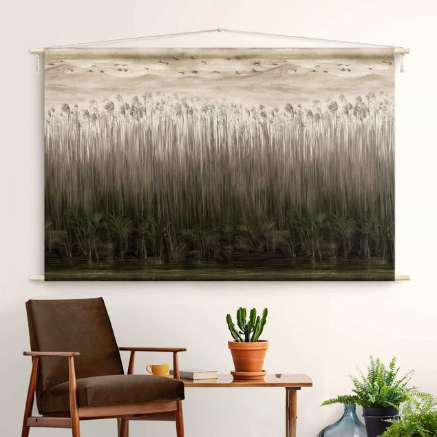 Cuadros asiaticos Mountainous Landscape behind River Reed In Beige