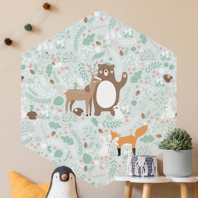 Papel pintado con patrones Forest-Friends-With-Forest-Animals