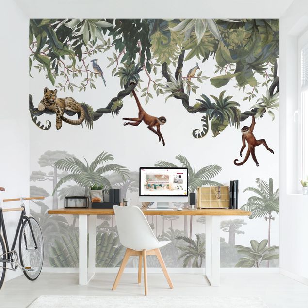 Papel pintado flores Cheeky monkeys in tropical canopies