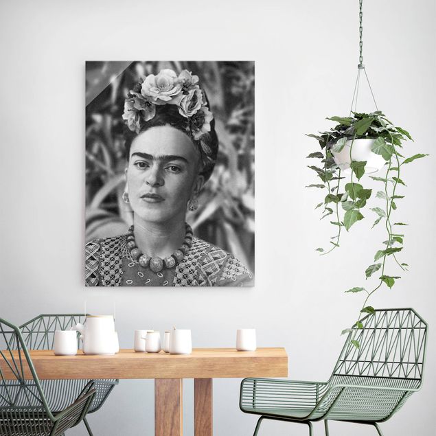 Cuadros de cristal blanco y negro Frida Kahlo Photograph Portrait With Flower Crown