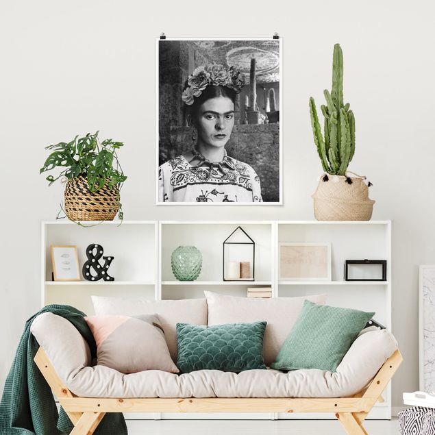 Póster blanco y negro Frida Kahlo Photograph Portrait With Cacti