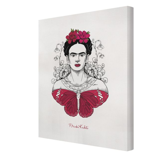 Lienzos animales Frida Kahlo Portrait With Flowers And Butterflies