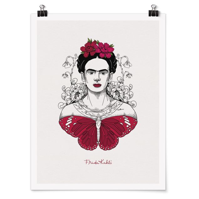 Póster de animales Frida Kahlo Portrait With Flowers And Butterflies