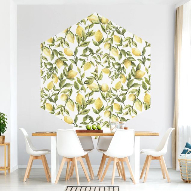 Papel pintado hexagonal Fruity Lemons With Leaves