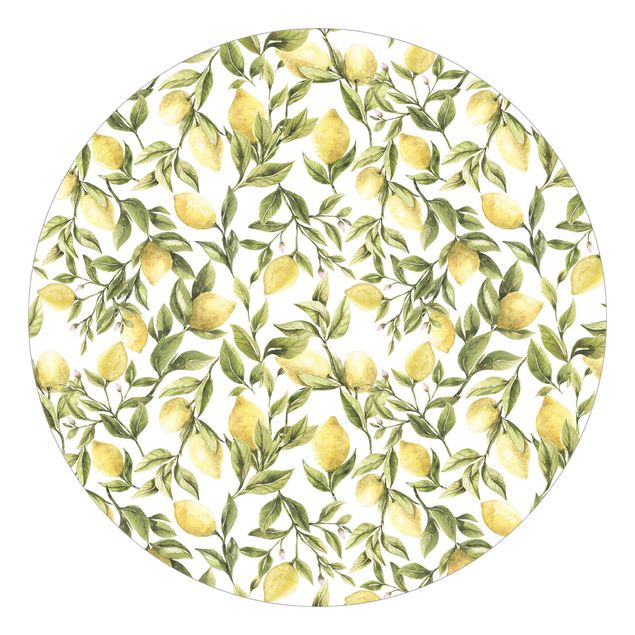Papel pared amarillo Fruity Lemons With Leaves