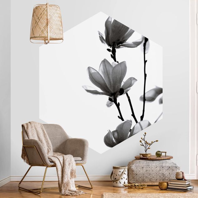 Papel pintado salón moderno Herald Of Spring Magnolia Black And White
