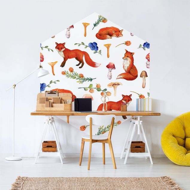 Papel pintado hexagonal Fox With Mushroom Illlustration