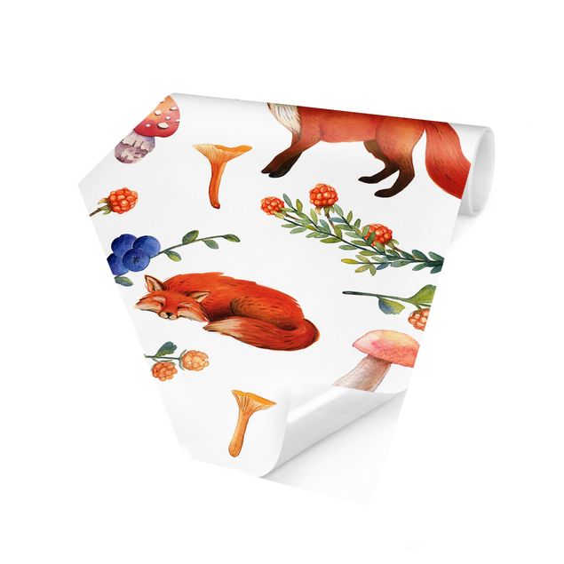 Papel pintado tonos rojos Fox With Mushroom Illlustration