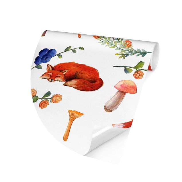 Papel pintado rojo Fox With Mushroom Illlustration