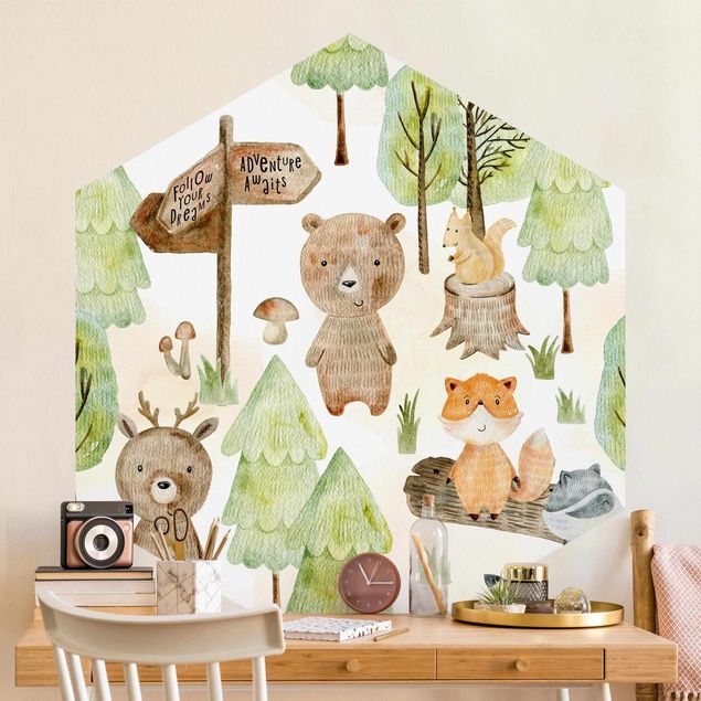 Papel pintado moderno Fox And Bear With Trees