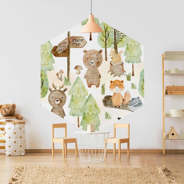 Papel pintado hexagonal Fox And Bear With Trees
