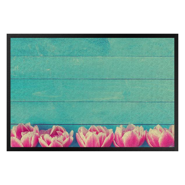 Felpudos flores Light Pink Tulip On Turquoise