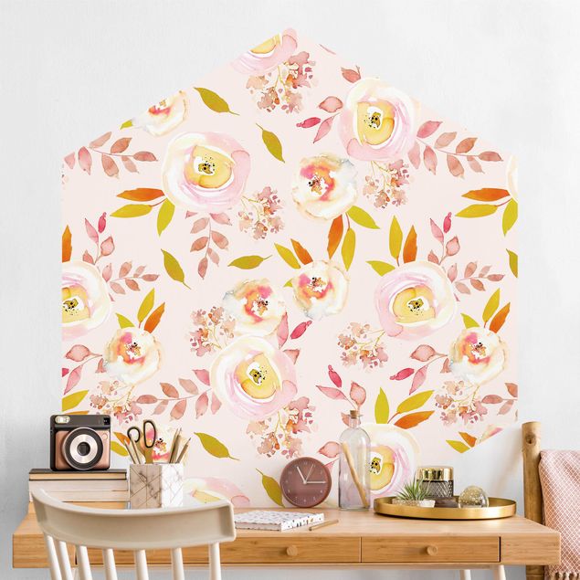 Papel pintado floral Yellow Leaves With Watercolour Flowers In Front Of Pink