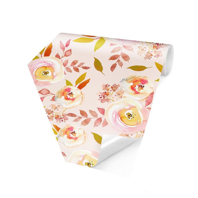 Papel pintado rosa Yellow Leaves With Watercolour Flowers In Front Of Pink