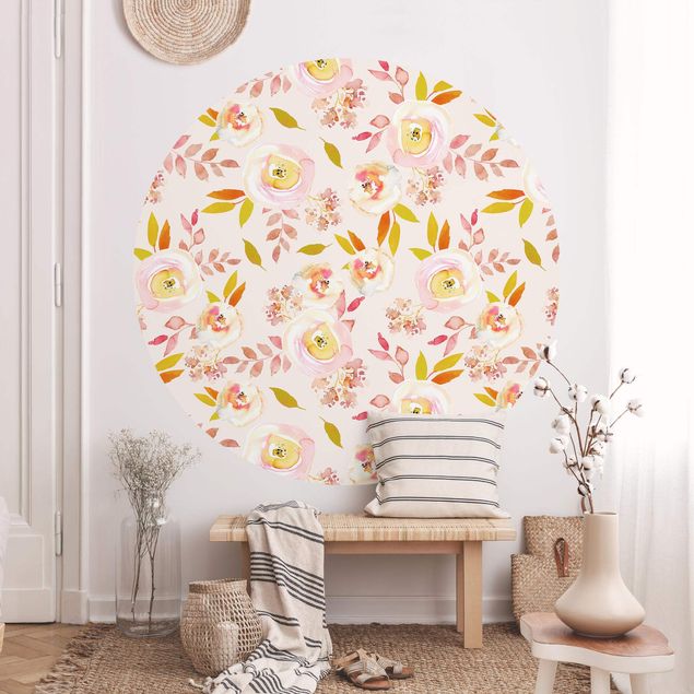 Decoración de cocinas Yellow Leaves With Watercolour Flowers In Front Of Pink