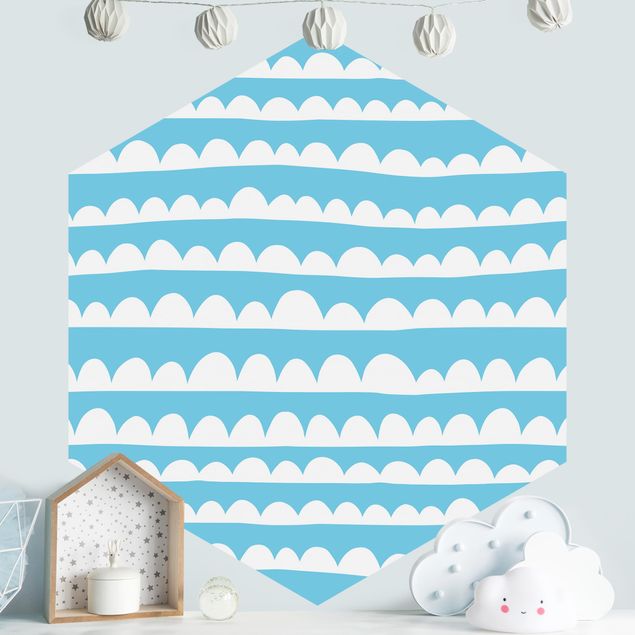 Papel pintado montañas infantil Drawn White Bands Of Clouds Up In Blue Skies