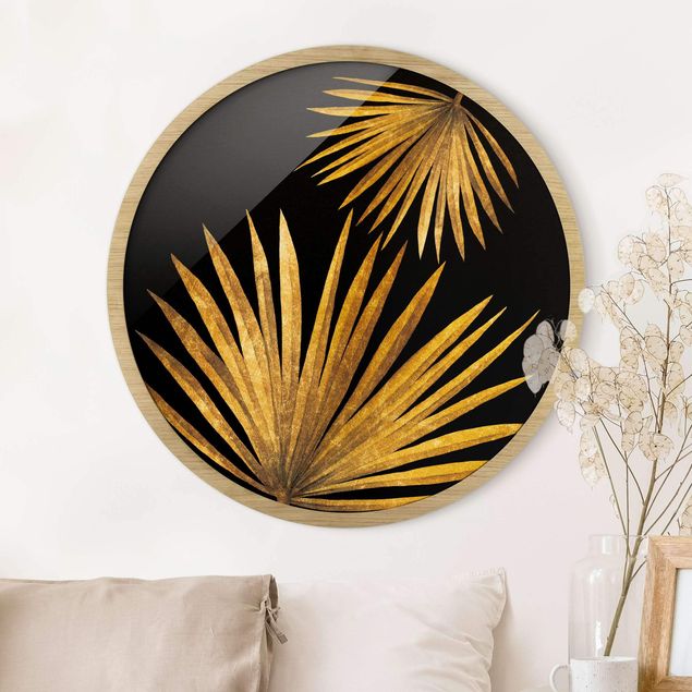 Pósters enmarcados flores Gold - Palm Leaf On Black