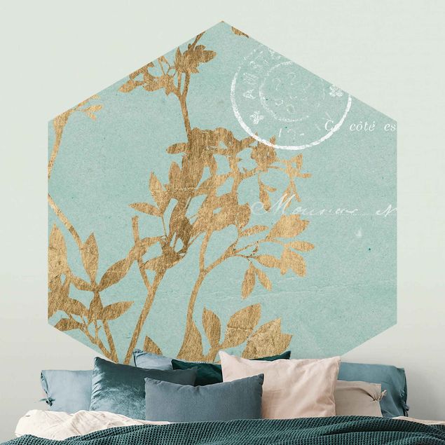 Papel pintado flores Golden Leaves On Turquoise I