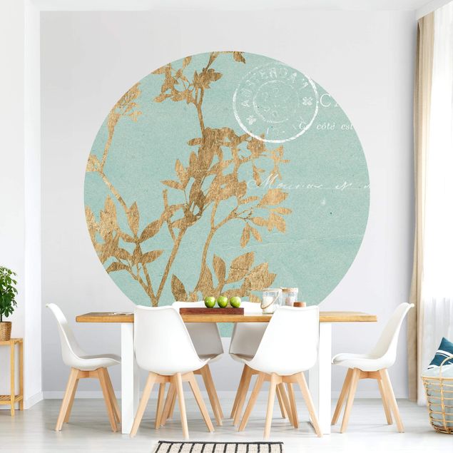 Papel pared flores Golden Leaves On Turquoise I