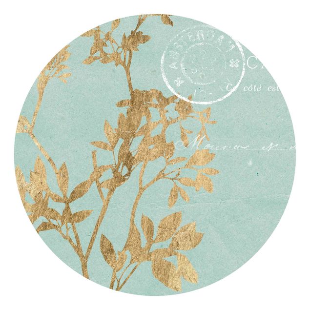Papel pared vintage Golden Leaves On Turquoise I