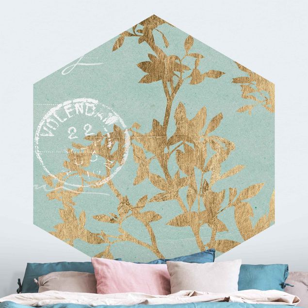 Papel pintado floral Golden Leaves On Turquoise II