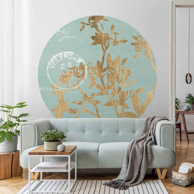 Papel pintado floral Golden Leaves On Turquoise II