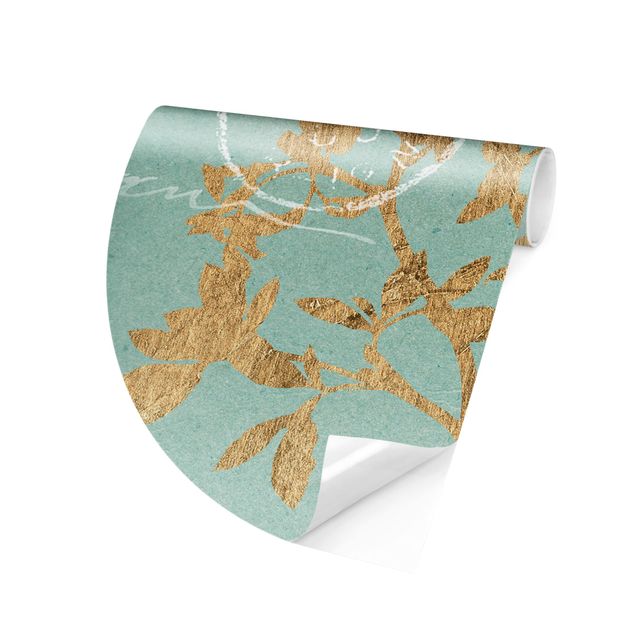 Papel pintado moderno Golden Leaves On Turquoise II