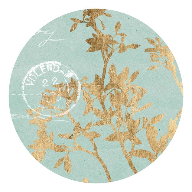 Papel pintado vintage Golden Leaves On Turquoise II