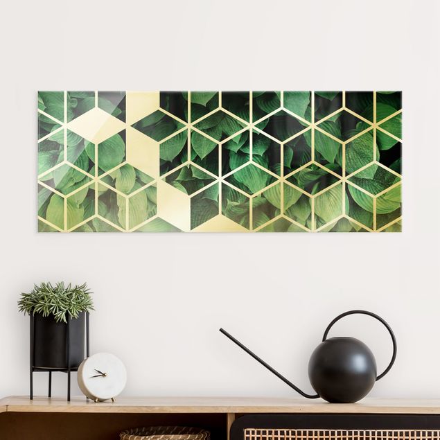 Cuadros de cristal abstractos Golden Geometry - Green Leaves
